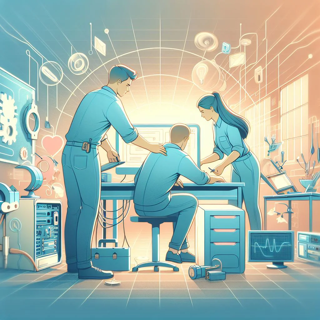 A Cartoon Like Image Of A Technician Helping Their Colleague, Both Engaged In A Collaborative Task O (2)